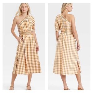 Who What Wear Women's Puff Short Sleeve Cut Out Dress Yellow Gingham Check SZ L